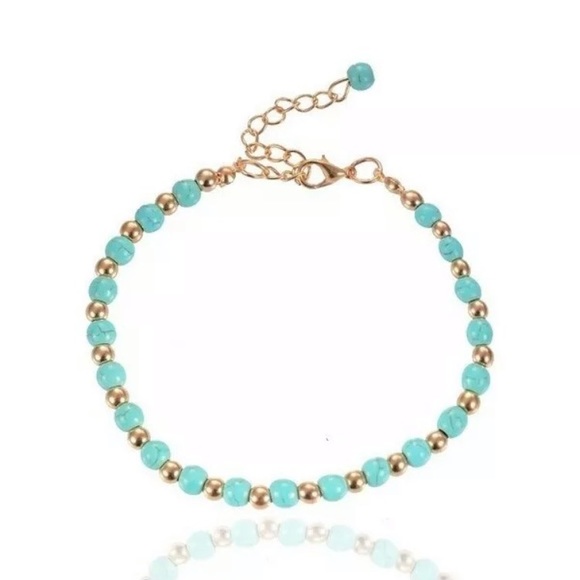 Boho Bohemian Gold Toned Turquoise Beaded Anklet - Picture 2 of 13